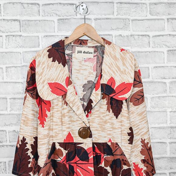 Jill Dufau Women's Vintage textile Barkcloth coat jacket leaf floral print Small - Picture 6 of 10